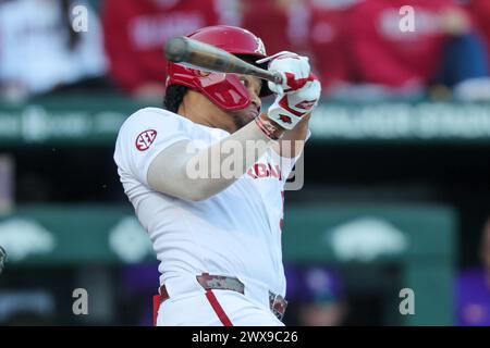 March 28, 2024: Kendall Diggs #5 or Arkansas follows through on his swing while at the plate. Arkansas defeated LSU 7-4 in Fayetteville, AR. Richey Miller/CSM(Credit Image: © Richey Miller/Cal Sport Media) Stock Photo