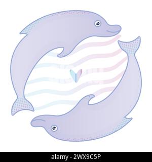 Two cute gradient dolphins are in love, nautical illustration Stock Vector