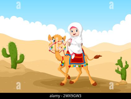 Illustration of Arab girl riding a camel in the desert Stock Vector