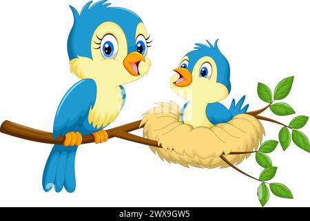 Vector illustration of Mother bird with babies on white background Stock Vector