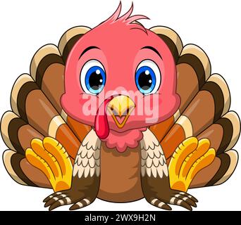 Cute cartoon baby turkey bird sitting on white background Stock Vector