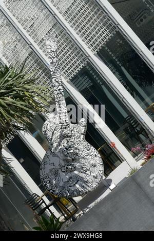 West Hollywood, California, USA 28th March 2024 Guitar Art at Andaz West Hollywood Hotel, former Hyatt on Sunset, aka Continental Hyatt House Hotel at 8401 Sunset Blvd where Jim Morrison and the Doors, The Who, Mick Jagger and The Rolling Stones and Robert Plant and Led Zeppelin stayed at shown here on March 24, 2024 in West Hollywood, California, USA. Photo by Barry King/Alamy Stock Photo Stock Photo