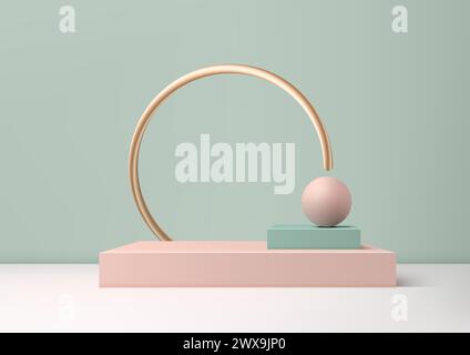 3D pink pastel color podium with a gold ring around the middle and a sphere geometric elements on top and green background. Product display, Minimal s Stock Vector