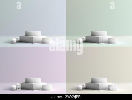 3D realistic showcasing clean podium stand with group white balls, elegantly placed in a pastels colors studio room background. Vector illustration Stock Vector