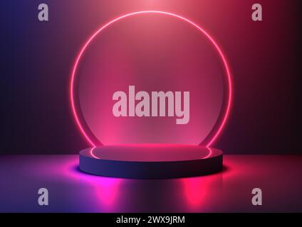 Showcase your product 3D blue podium on a pedestal featuring a glowing pink neon with circle neon backdrop. Ideal for showcasing technology awards or Stock Vector