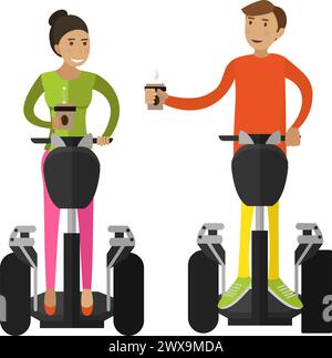 Man and woman drinking coffee running treadmill vector icon isolated on white Stock Vector