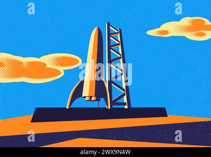 Rocket ready to take off on launch site. Retro styled sci-fi spaceship science concept Stock Vector