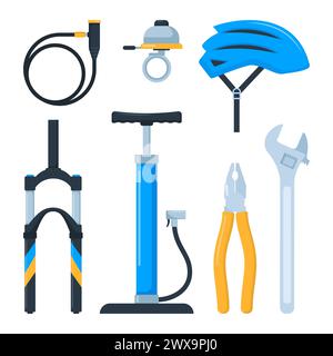 Bicycle equipment and parts, set of icons, symbols and design elements. Sport bike repair components. Vector illustration Stock Vector