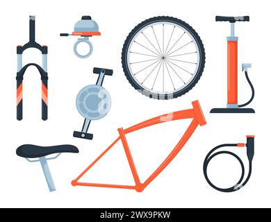 Bicycle equipment and parts, set of icons, symbols and design elements. Sport bike repair components. Vector illustration Stock Vector