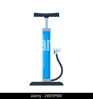 Air pump. Mechanical device for pumping. Blue cylinder with handle and hose. Pressure increase. Bicycle pump. Vector illustration Stock Vector