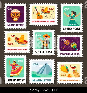 Postage stamp set with mexico culture elements Stock Vector