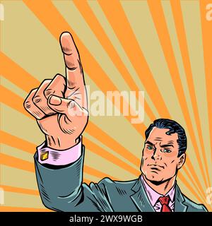 A man in a suit points with his finger. Growth in company earnings and shares. New ideas and proposals for a businessman. Pop Art Retro Vector Illustr Stock Vector