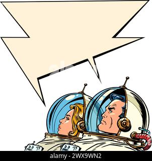 The astronauts communicate with each other in comic style. Cooperation in space exploration. Cosmic discounts on Black Friday. Pop Art Retro Vector Il Stock Vector