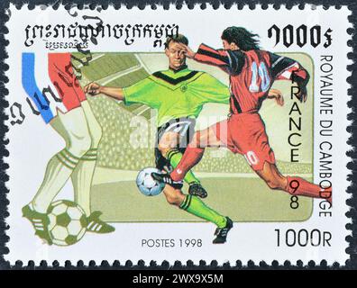 Cancelled postage stamp printed by Cambodia, that promotes FIFA World Cup in France - 1998, circa 1998. Stock Photo