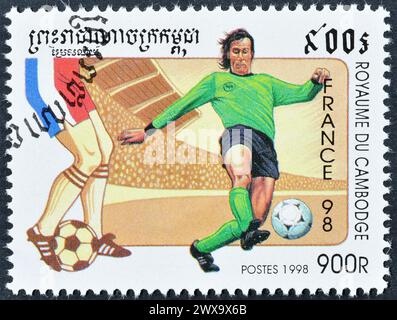 Cancelled postage stamp printed by Cambodia, that promotes FIFA World Cup in France - 1998, circa 1998. Stock Photo