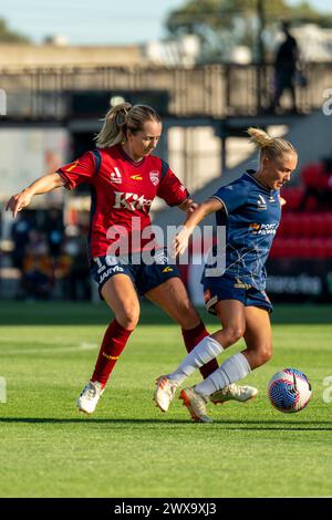 Adelaide, Australia. 29th Mar, 2024. Adelaide, Australia, March 29th 2024: Dylan Holmes (16 Adelaide United) and Elizabeth Copus-Brown (10 Newcastle Jets) battle for the ball/duel during the Liberty A-League game between Adelaide United and Newcastle Jets at Coopers Stadium in Adelaide, Australia. (Noe Llamas/SPP) Credit: SPP Sport Press Photo. /Alamy Live News Stock Photo