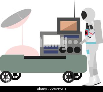 Cosmonaut in spacesuit and helmet driving cosmic apparatus work for sample selection to research vector icon isolated on white Stock Vector