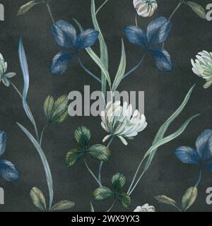 Floral seamless pattern with white clover flowers, leaves and grass on a black background.Hand painted with watercolors Stock Photo