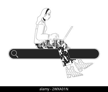 Woman with sitting on search box black and white 2D line cartoon character Stock Vector