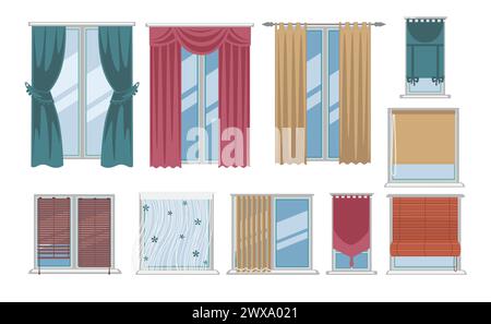 Curtains and drapes on windows, interior design Stock Vector