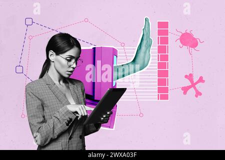 Composite image trend photo collage of black white silhouette young business lady hols in hand tablet hand from old monitor show no Stock Photo