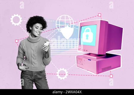Trend artwork composite sketch image 3D photo collage of black white smile lady read message in phone stand at old retro computer monitor Stock Photo