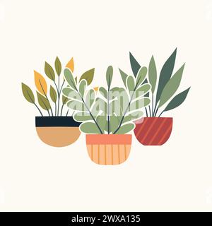 Vector illustration of greenery in clay pots in flat style. Composition of house plants in various vases for cards and articles. Home hobby. Stock Vector
