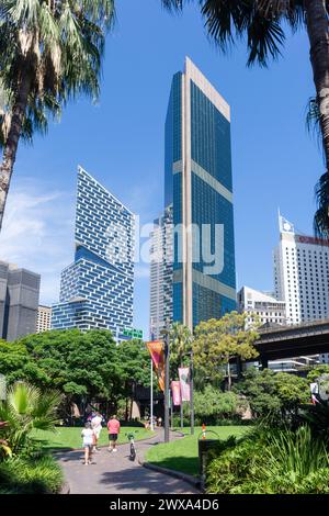 High-rise buildings from First Fleet Park, The Rocks, Circular Quay West, Sydney, New South Wales, Australia Stock Photo