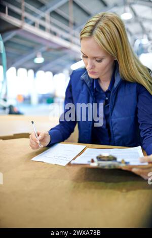 Business woman, writing and checking inventory with clipboard, storage or supply chain at warehouse. Female person, job manager or employee with for Stock Photo