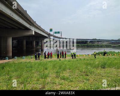 March 29 2024 Taipei, Taiwan, car felt in the water from bridge Stock Photo