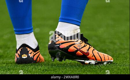 LONDON, ENGLAND - MARCH 23: Close up details of Vinicius Junior personalized Nike Mercurial Vapor 15 x Air Max Plus football boots during the internat Stock Photo
