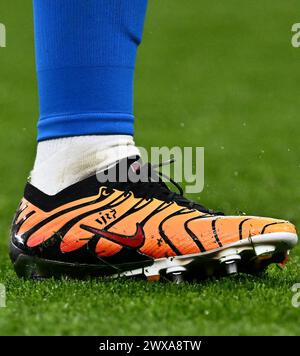LONDON, ENGLAND - MARCH 23: Close up details of Vinicius Junior personalized Nike Mercurial Vapor 15 x Air Max Plus football boots during the internat Stock Photo