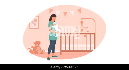 Happy mother holding her baby in the bedroom: care and family concept Stock Vector