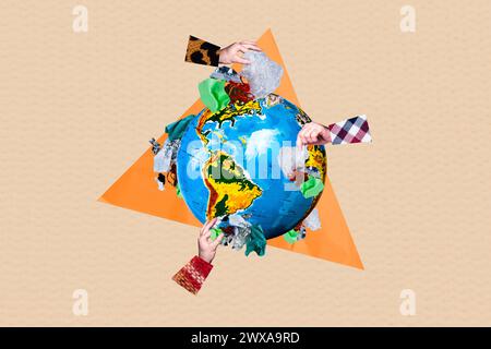 Trend artwork composite sketch 3D photo collage of silhouette three hands pull on globe earth trash recycle reuse rubbish eco disaster Stock Photo