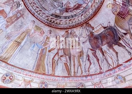 Detail from paintings of an ornate Thracian tomb. Selective focus with shallow depth of field. Stock Photo