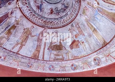 Detail from paintings of an ornate Thracian tomb. Selective focus with shallow depth of field. Stock Photo