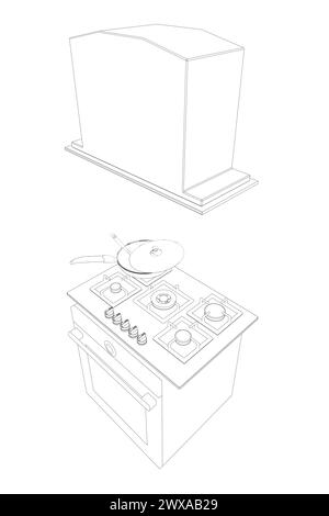 Contour of gas stove and hood. Outline oven vector illustration on white background. Vector illustration Stainless oven for cooking. Isometric view. 3 Stock Vector