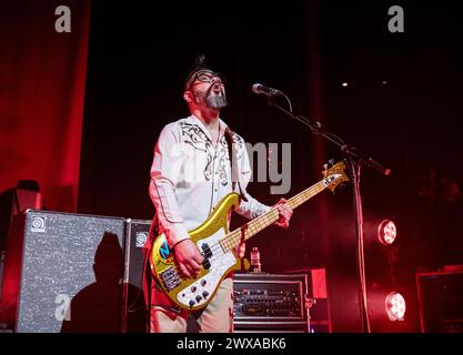 London, UK. 28th Mar 2024. Feeder performing live at Roundhouse, London on 28 March 2024 Taka Hirose ,bassist, backing vocals Feeder are a Welsh rock band formed in Newport, Wales. They have released eight studio albums, three compilations, two EPs, and 34 singles. Feeder's music has been inspired by a wide variety of artists and styles. The band was formed in '92 under the name of 'Reel'. This is their 'Black / Red' tour for the album of the same name - their twelfth album. Credit: Dafydd Owen/Alamy Live News Stock Photo