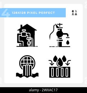 Water infrastructure black glyph icons set on white space Manual well pump Stock Vector