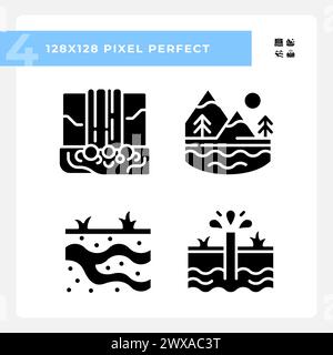 Natural water bodies black glyph icons set on white space Natural resources Stock Vector