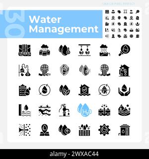 Water management black glyph icons set on white space Water industry Stock Vector