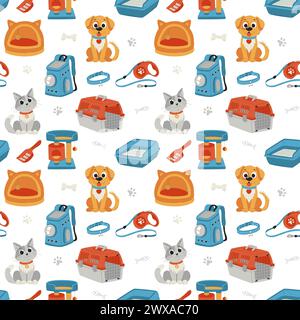 Seamless pattern with pets and pet care items. Cat, dog, carrier, harness. Flat vector illustrations on white background Stock Vector