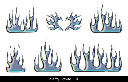 3D flames. Set of trendy Y2K elements. Chrome burning fire shapes with iridescent effect. 3D render. Illustrations are isolated on white background. Stock Photo