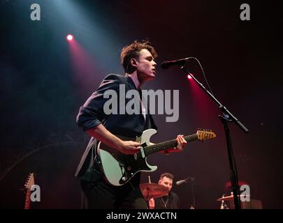 London, UK. 28th Mar 2024. Daytime TV performing live at Roundhouse, London on 28 March 2024 John Caddick ,guitarist Daytime TV are a Scottish rock band. DAYTIME TV initially started life as critically acclaimed Scottish powerhouse Hunter & The Bear, but renamed themselves in '21 after the departure of it's co-founder.  They released their debut album 'nothing's on but everyone's watching' in '22 and have a new EP 'Island' due out in two months. Stock Photo