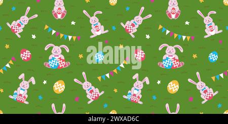 Happy Easter seamless pattern with cute bunnies holding eggs Stock Vector
