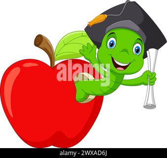 A worm in the red apple was glad to have a college degree Stock Vector