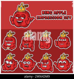 Apple fruit  mascot character cartoon with crown and face expression set. Stock Vector