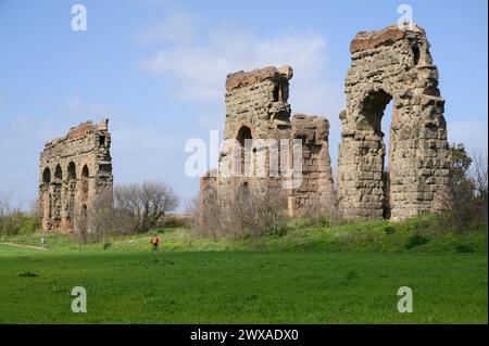 Rome. Italy. Parco degli Acquedotti (Park of the Aqueducts), the ancient Roman aqueduct Aqua Claudia, begun by Emperor Caligula in 38 AD and finished Stock Photo