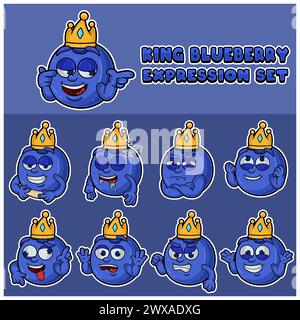 Blueberry fruit  mascot character cartoon with crown and face expression set. Stock Vector