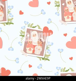 Seamless pattern with portrait islamic family. Muslim woman mother with daughter and son on white background with hearts and flowers. Vector illustrat Stock Vector